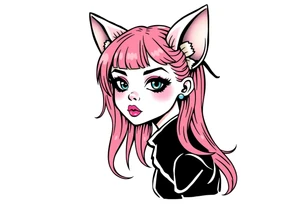 hot goth girl with puppy ears and with piercings on face and big boobs and big butt with black outfit on with pink hair tattoo idea