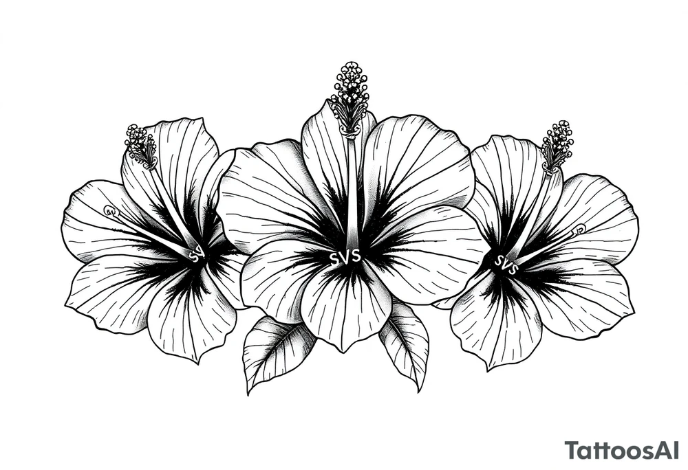 3 Tribal Hibiscus flowers with the work “waloy” over them and the letters “svs” within the tribal flowers with each letters on each flowers tattoo idea