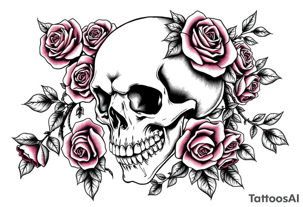 gothic skull intertwined with climbing roses and thorny vines tattoo idea