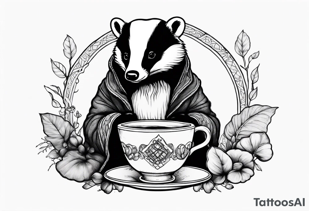 Badger in a coat with a teacup sitting on a mushroom tattoo idea