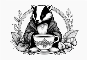 Badger in a coat with a teacup sitting on a mushroom tattoo idea