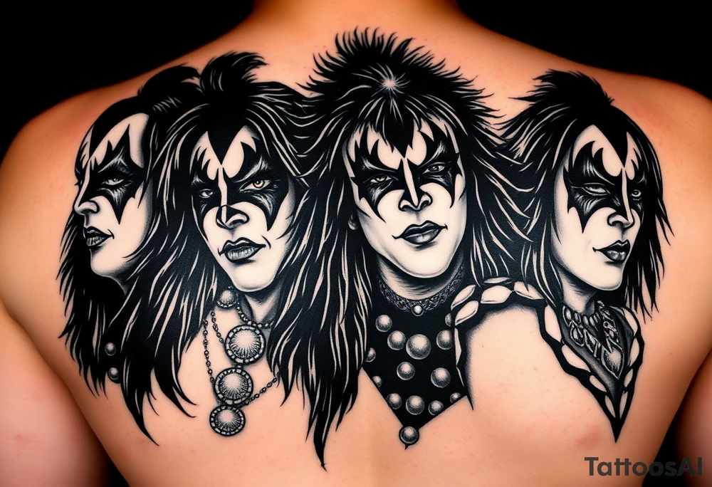 Create art for a sleeve tattoo. All four members of KISS but in the style of Pushead tattoo idea