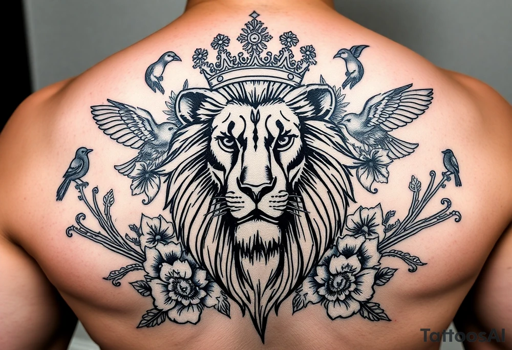 powerful majestic lion with a crown, surrounded by floral ornaments and birds tattoo idea
