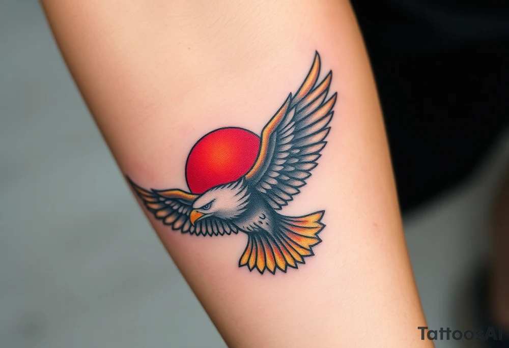 An eagle mid-dive, its wings wrapped around a glowing red sun, using bold traditional tattoo colors of black, red, and gold tattoo idea