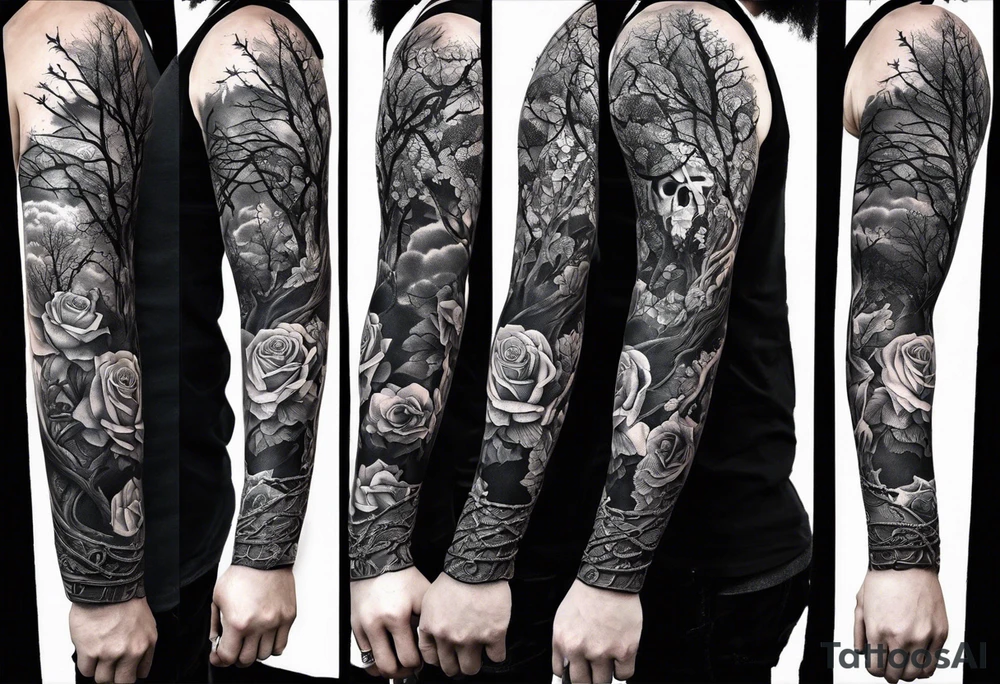 tattoo fool sleeve, dark gothic castle, tree roots break out of the chains, broken mask, roses tattoo idea