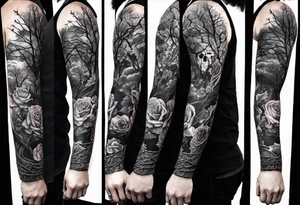 tattoo fool sleeve, dark gothic castle, tree roots break out of the chains, broken mask, roses tattoo idea