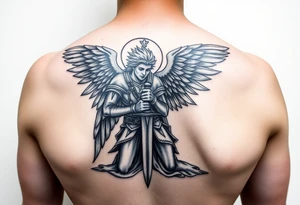 Arch angel Gabriel kneeling with sword in great armor masculine but looking very sad tattoo idea