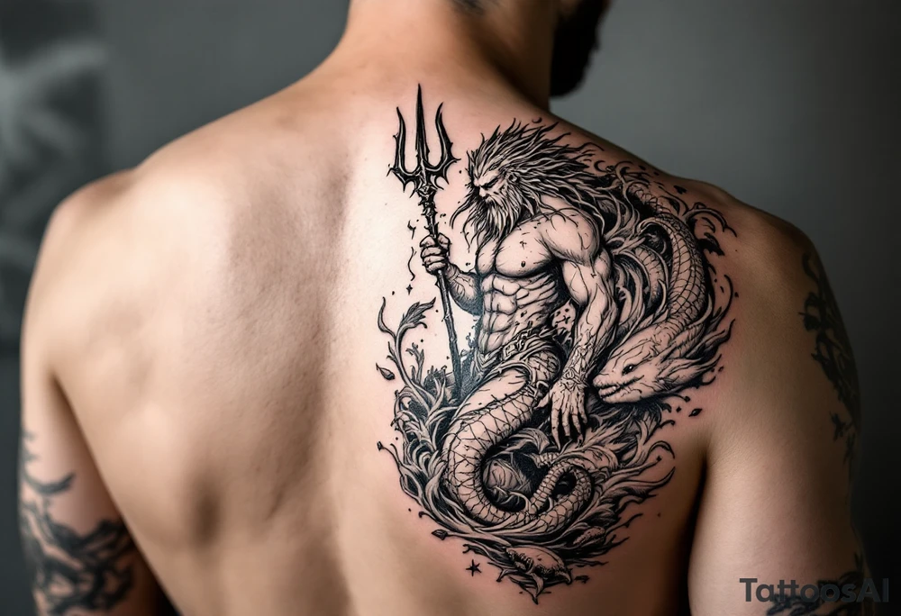 powerful poseidon with trident, surrounded by water and sealife tattoo idea