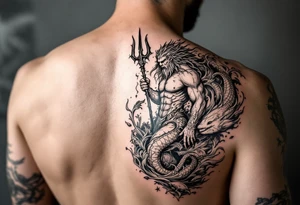 powerful poseidon with trident, surrounded by water and sealife tattoo idea
