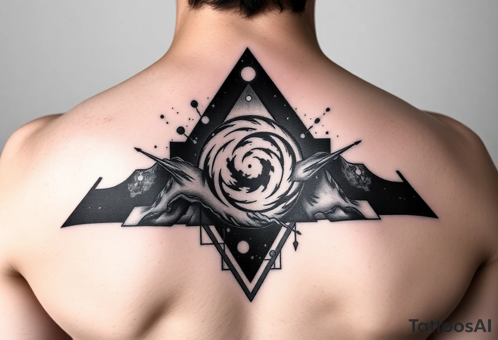 cover up tattoo of the galaxy that covers the upper portion of the back and is in an upside down triangle tattoo idea