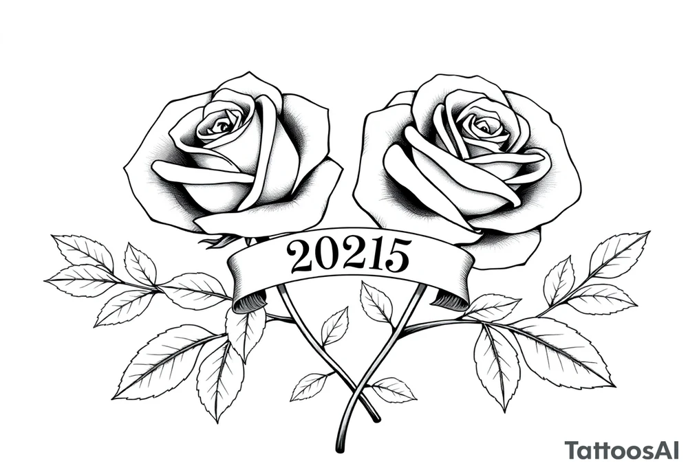 two beautiful large rose buds, one larger than the other, with many leaves next to the rose buds, with one sitting higher than the other. Include a banner connecting the two roses with the year "2025" on it.   Use dark outlines with little shading. The two stems should be short, not long, and connect and join into one stem, whimsically curved or twisted - not straight down. tattoo idea