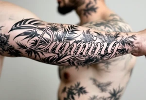 Dunning, with big jungle leaves, roses,palm trees, 90s bold font in cursive tattoo idea