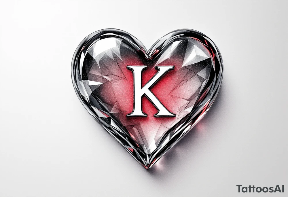 A realistic glass heart with the letter "K" frozen inside, representing love that is pure and preserved forever. tattoo idea