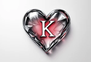 A realistic glass heart with the letter "K" frozen inside, representing love that is pure and preserved forever. tattoo idea