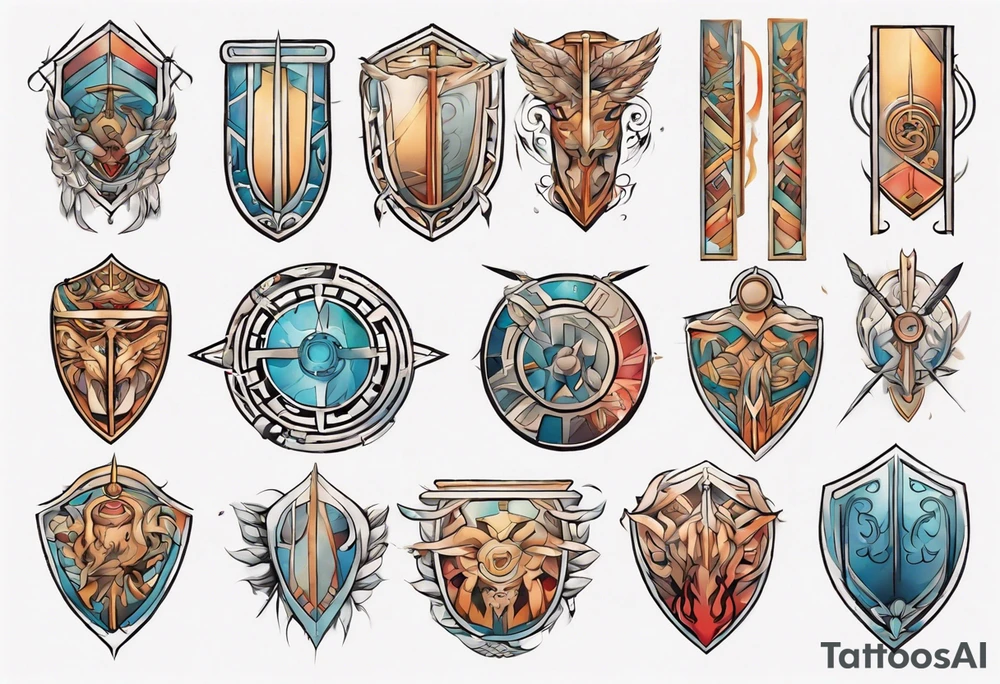a colorful delicate rectangle-long tattoo within a half-circle configuration with a shield and spear with ancient Greek art intertwined tattoo idea