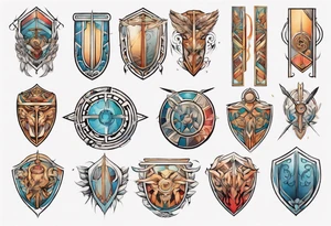 a colorful delicate rectangle-long tattoo within a half-circle configuration with a shield and spear with ancient Greek art intertwined tattoo idea