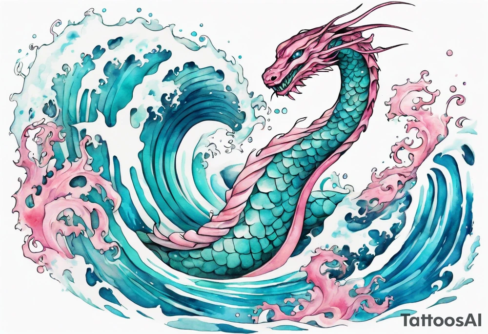 a turquoise and white and pink sea serpent with beautiful eyes emerging from the blue waves of the ocean tattoo idea