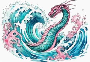 a turquoise and white and pink sea serpent with beautiful eyes emerging from the blue waves of the ocean tattoo idea