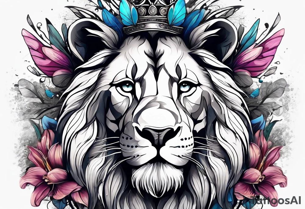 African lion covered in lilies butterflies crown mane made of feathers tattoo idea