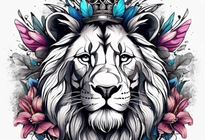 African lion covered in lilies butterflies crown mane made of feathers tattoo idea