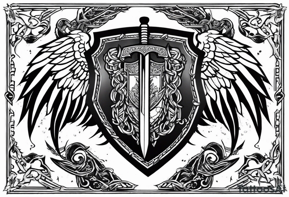 Valhalla sword fire chains shield wings tattoo idea