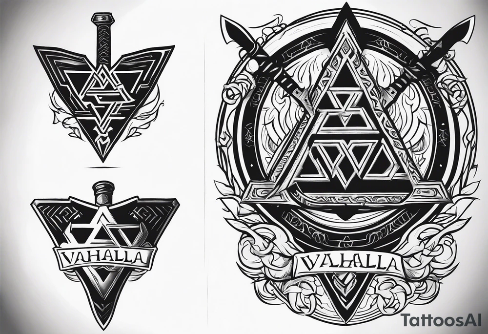 Valhalla sword 
shield axe Valknut mist tattoo idea
