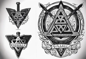 Valhalla sword 
shield axe Valknut mist tattoo idea