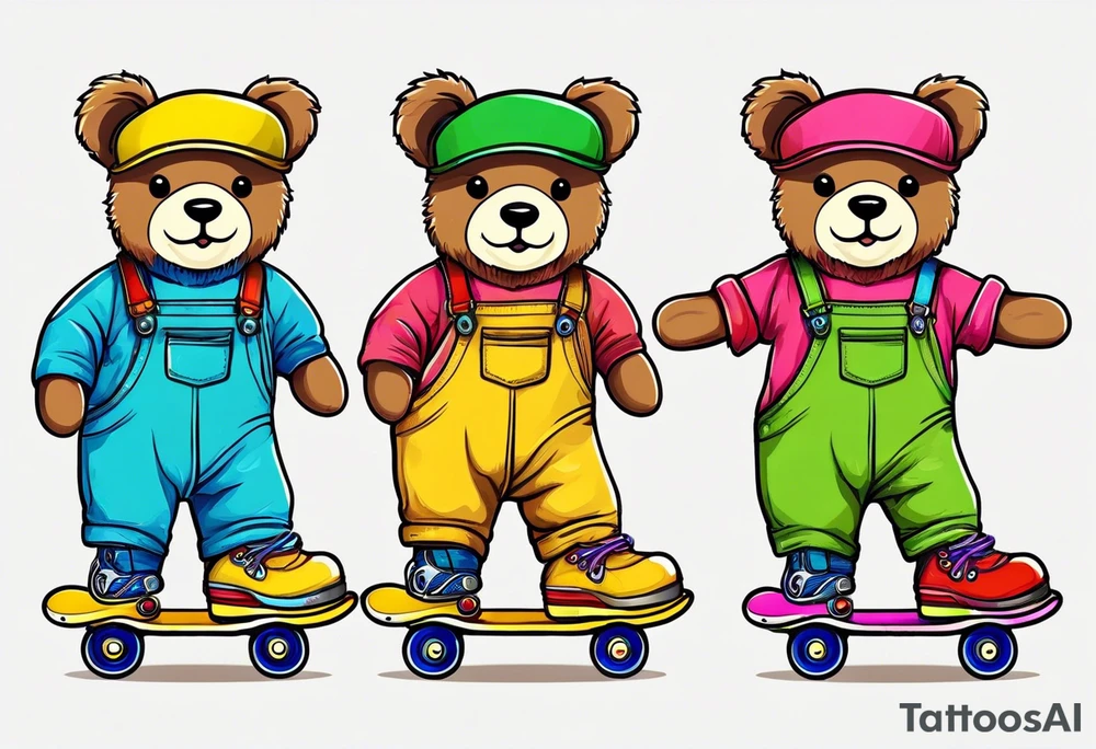 A light brown teddy bear in yellow overalls, rollerskating in rainbow colored skates tattoo idea