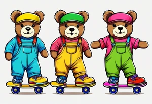 A light brown teddy bear in yellow overalls, rollerskating in rainbow colored skates tattoo idea