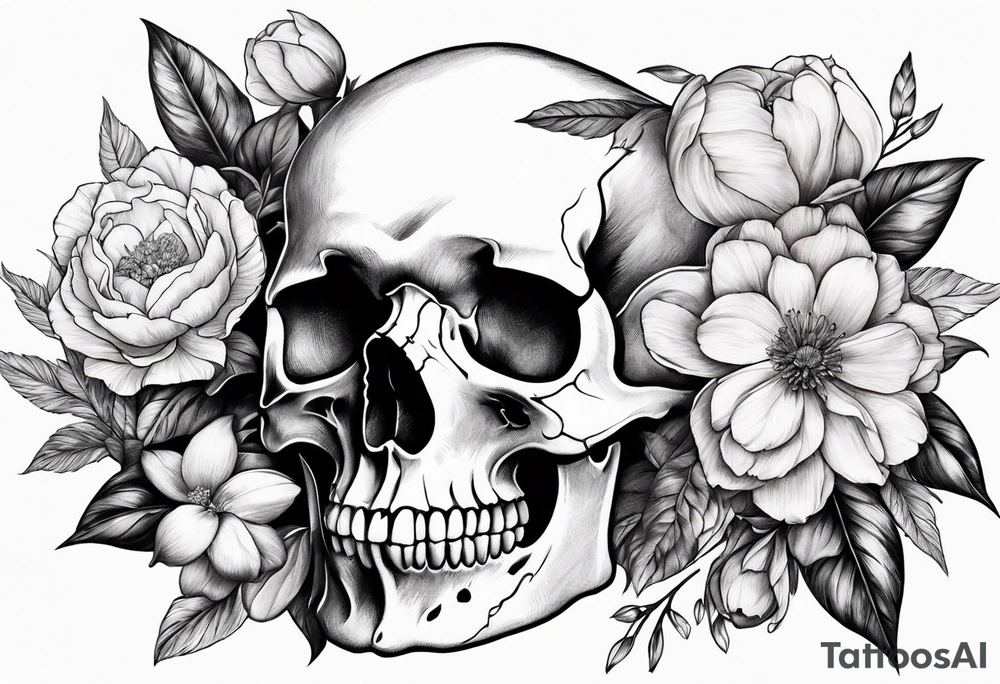 flower peonias, skull and bird tattoo idea