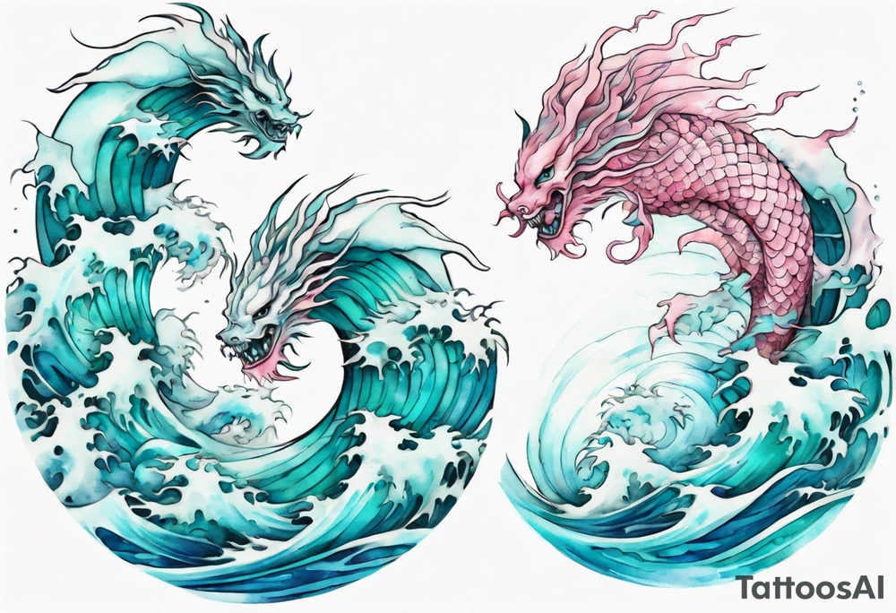 a beautiful turquoise and white and pink dagon rising from the blue waves of the ocean tattoo idea
