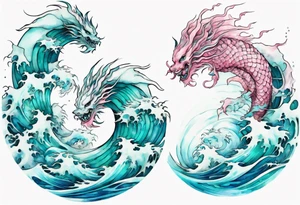 a beautiful turquoise and white and pink dagon rising from the blue waves of the ocean tattoo idea