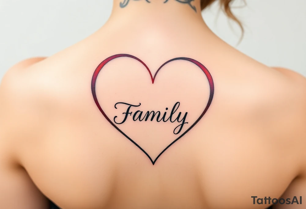 Colorful heart-shaped infinity loop, and the word "family" elegantly placed at the center in a soft script tattoo idea