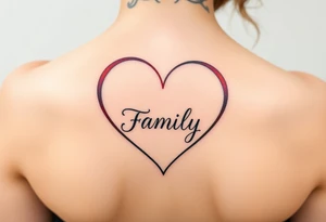Colorful heart-shaped infinity loop, and the word "family" elegantly placed at the center in a soft script tattoo idea