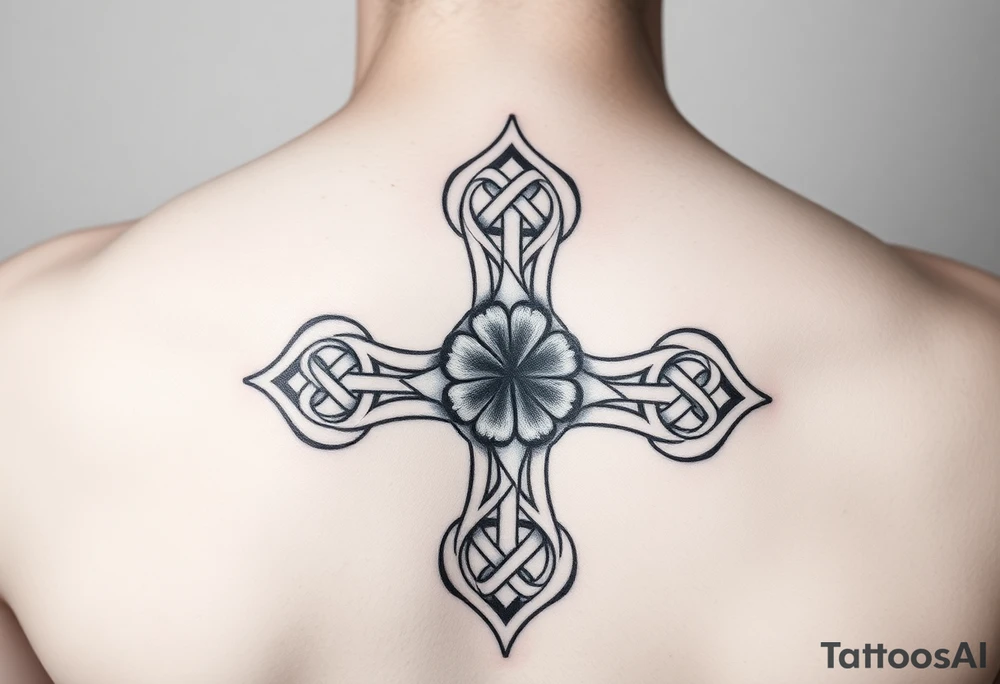 an irish inspired celtic tattoo adding celtic knots surrounding a celtic cross with a four leaf clover in the middle tattoo idea