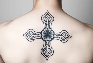 an irish inspired celtic tattoo adding celtic knots surrounding a celtic cross with a four leaf clover in the middle tattoo idea