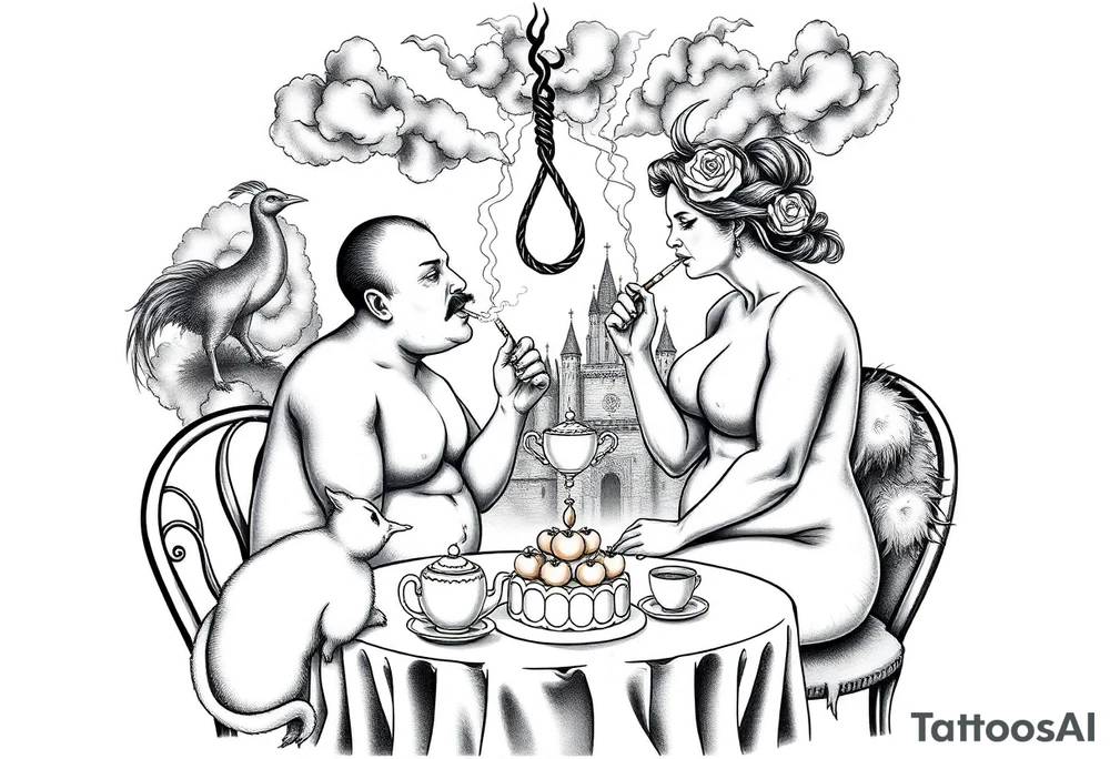 Naked Man and woman having sex Storm lightening clouds gothic sexy naked fat lady having a tea party with tea pot and medieval castle
with a pig, peacock, noose, lion, goat, smoking cigerettes looking in the mirror eating a cake thru storm clouds with razor blades and broken hearts and darkness and wrath, envy , gluttony, greed, sloth, pride kill tattoo idea
