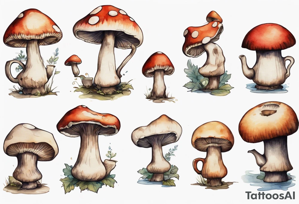 a medieval mushroom sitting on a stool drinking from a wood mug, laughing tattoo idea