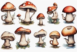 a medieval mushroom sitting on a stool drinking from a wood mug, laughing tattoo idea