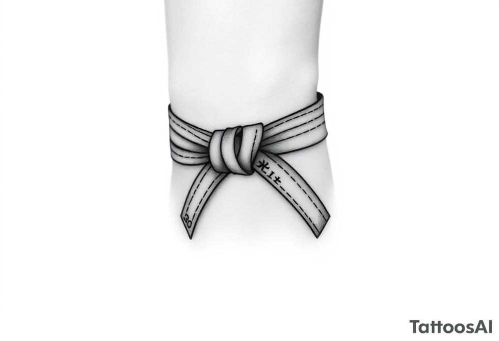 A realistic black and gray tattoo of a Brazilian Jiu-Jitsu black belt wrapping around the wrist like a bracelet. The belt is tied in a knot with one end showing the number 30 and the other showing 24. On the flat end of the belt, two Japanese kanji characters are inked in white: 成長 (growth) and 忍耐 (perseverance). The belt has subtle stitch marks and worn, textured shading for a slightly distressed, authentic look. The style is clean, symbolic, and bold, designed to wrap naturally around the wrist like a wristband.” tattoo idea