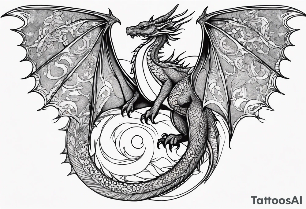 Mother dragon wings spread mushrooms tattoo idea