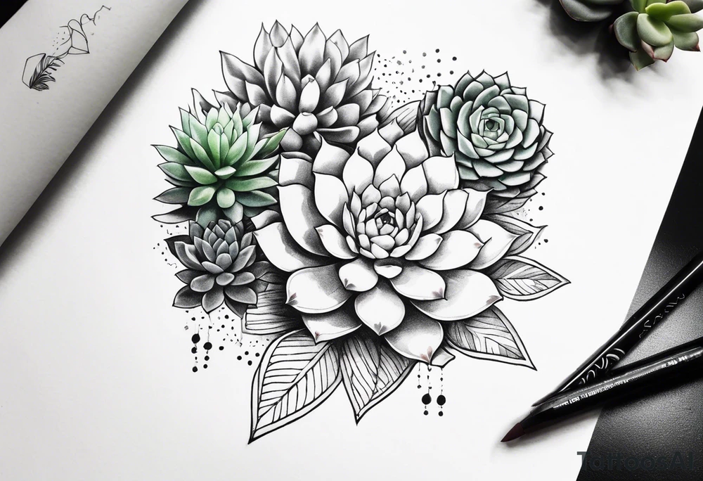 fine line. one big succulent in the middle. Two smaller succulents on the side. Dots and floral
. Sternum tattoo grey scale shading tattoo idea