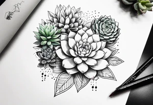 fine line. one big succulent in the middle. Two smaller succulents on the side. Dots and floral
. Sternum tattoo grey scale shading tattoo idea
