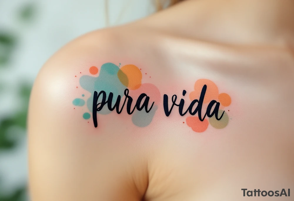 Handwritten “Pura Vida” with watercolor splashes of turquoise, sunset orange, and seafoam green. tattoo idea