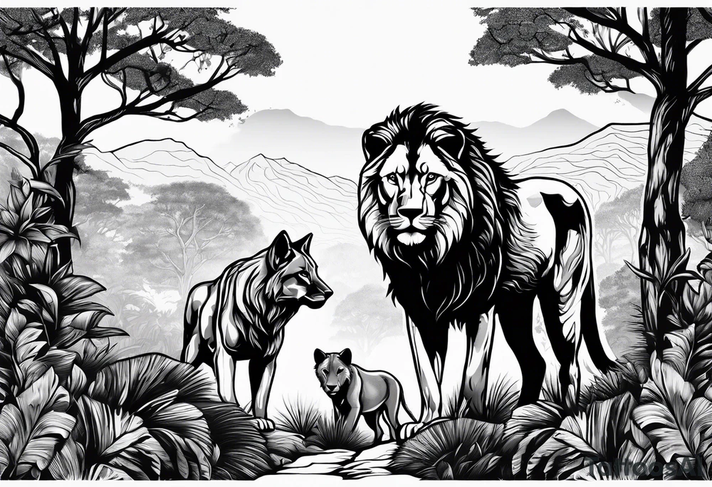wolf pack and lion pack in the jungle far away walking towards a tree tattoo idea