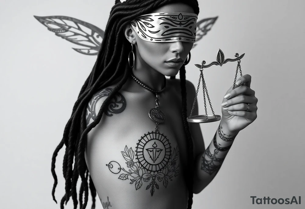 Black Sylph with dreads wearing blind fold and ankh pendant with tattoos holding weighing scales with the sun and moon rose vines surrounding and Anubis guarding tattoo idea