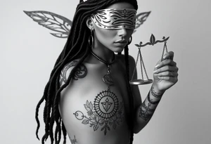 Black Sylph with dreads wearing blind fold and ankh pendant with tattoos holding weighing scales with the sun and moon rose vines surrounding and Anubis guarding tattoo idea