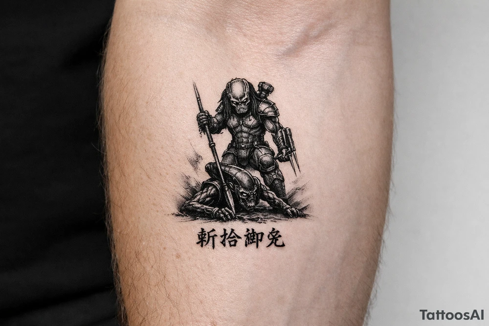 predator killing alien, alien is crawling from the ground. Predator stands up tall, driving his spear with his right hand. The predator's left shoulder has its laser gun pointed down. the Left forerarm has its famous doubled blade out. Below the image the japanese inscription for kirisute gomen tattoo idea