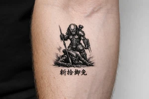 predator killing alien, alien is crawling from the ground. Predator stands up tall, driving his spear with his right hand. The predator's left shoulder has its laser gun pointed down. the Left forerarm has its famous doubled blade out. Below the image the japanese inscription for kirisute gomen tattoo idea