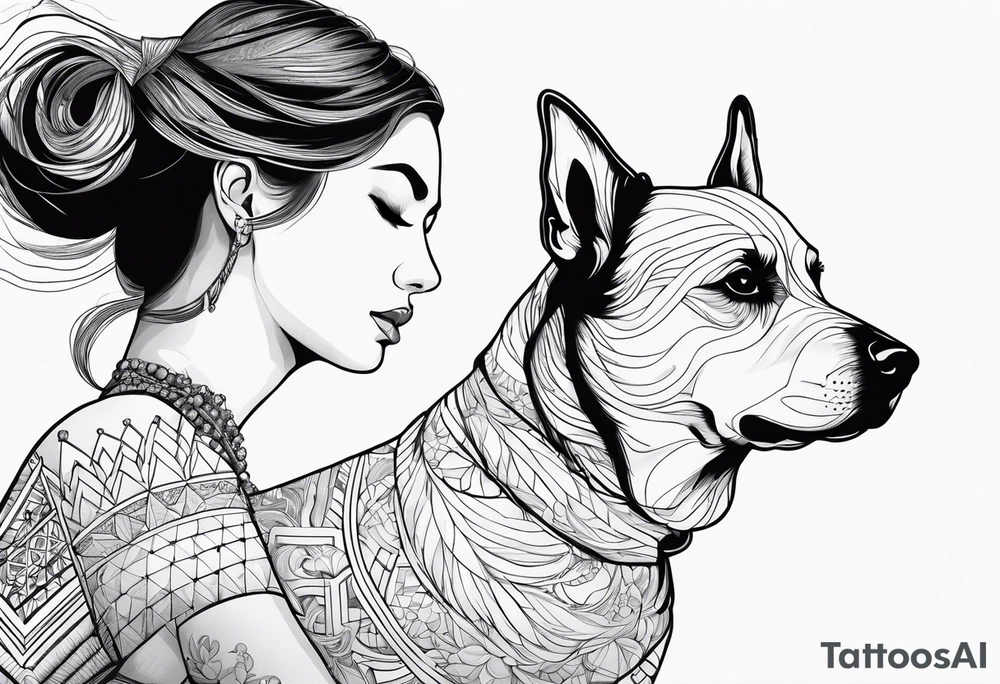 dog in the air facing woman and trying to reach her hand and woman as her back facing us tattoo idea